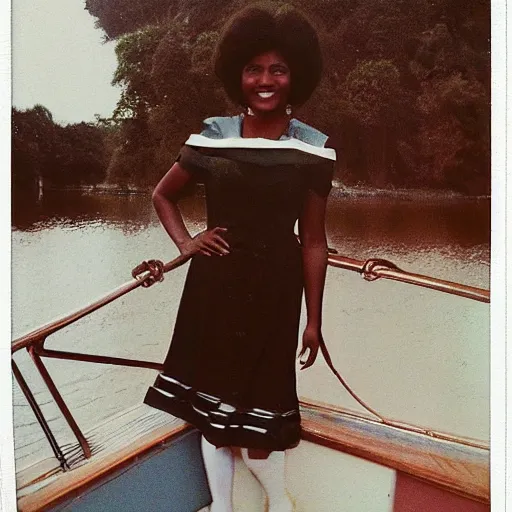 Prompt: a medium full shot, german and eastern european mixture polaroid photograph depicting a black woman with dark brown skin, long, swirling black hair, and jade colored eyes, on a sailing boat. she is wearing wearing a yachting dress ensemble in 1 9 8 2.