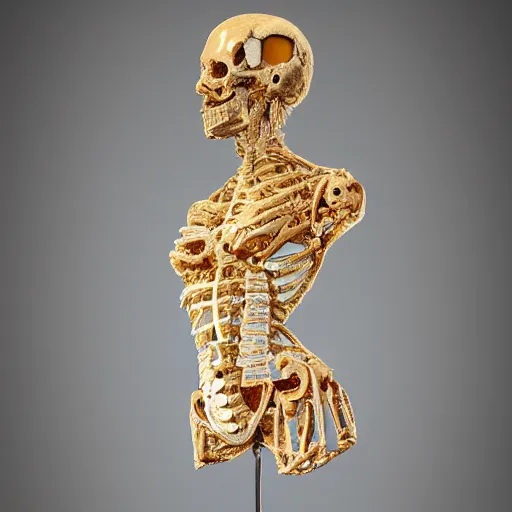 Image similar to female torso with bones made of diamonds with lightning inlaid her skin, anatomic description, gems, gold, 8k, details, studio lighting, realism, complex lights