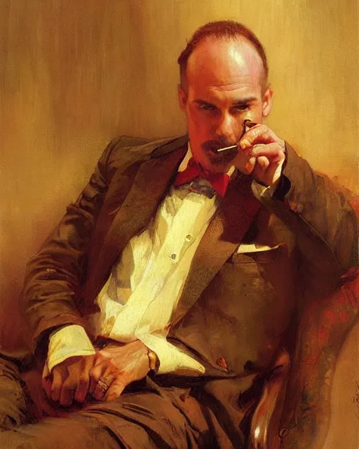 Prompt: handsome gaunt man with receding hair, in a smoking jacket, holding a pipe, warm colors, hard angles, painting by gaston bussiere, craig mullins, j. c. leyendecker