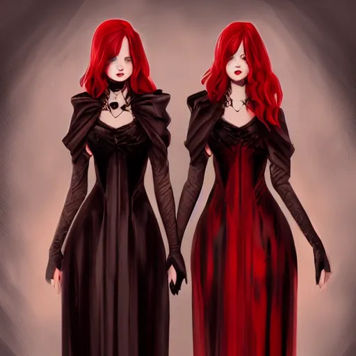 Prompt: twins wearing a gothic dress, full body shot, red hair, highly detailed, digital painting, artstation, concept art, smooth, sharp focus, illustration