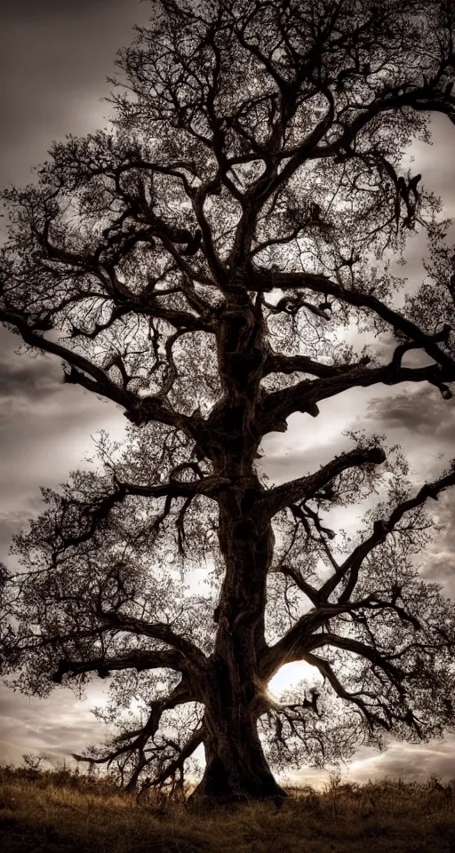 Image similar to beautiful ancient tree made of bone, melancholy autumn light, white bone tree, skeletal, bones, sinister, atmospheric HD photograph, depth of field