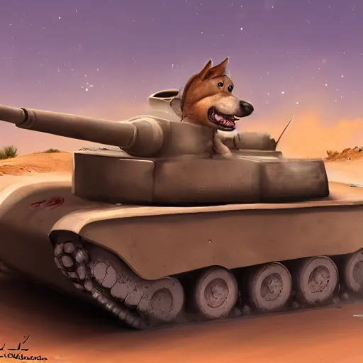 Image similar to An anthropomorphic dog driving a tank in a desert, ultra detailed, digital art, 4K