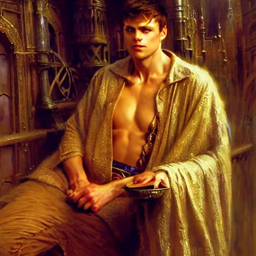Prompt: handsome arthur pendragon in love with merlin the mage. highly detailed painting by gaston bussiere, craig mullins, j. c. leyendecker