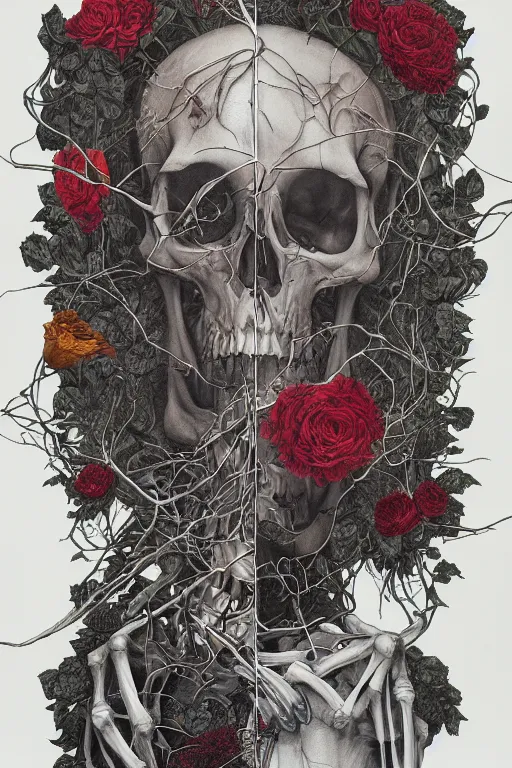 Image similar to roses growing from the skeleton frame, carol, by damien hirst and alexander mcqueen and peter gric and takato yamamoto and zdzisław beksinski and laurie lipton and victo ngai and esao andrews, trending on artstation