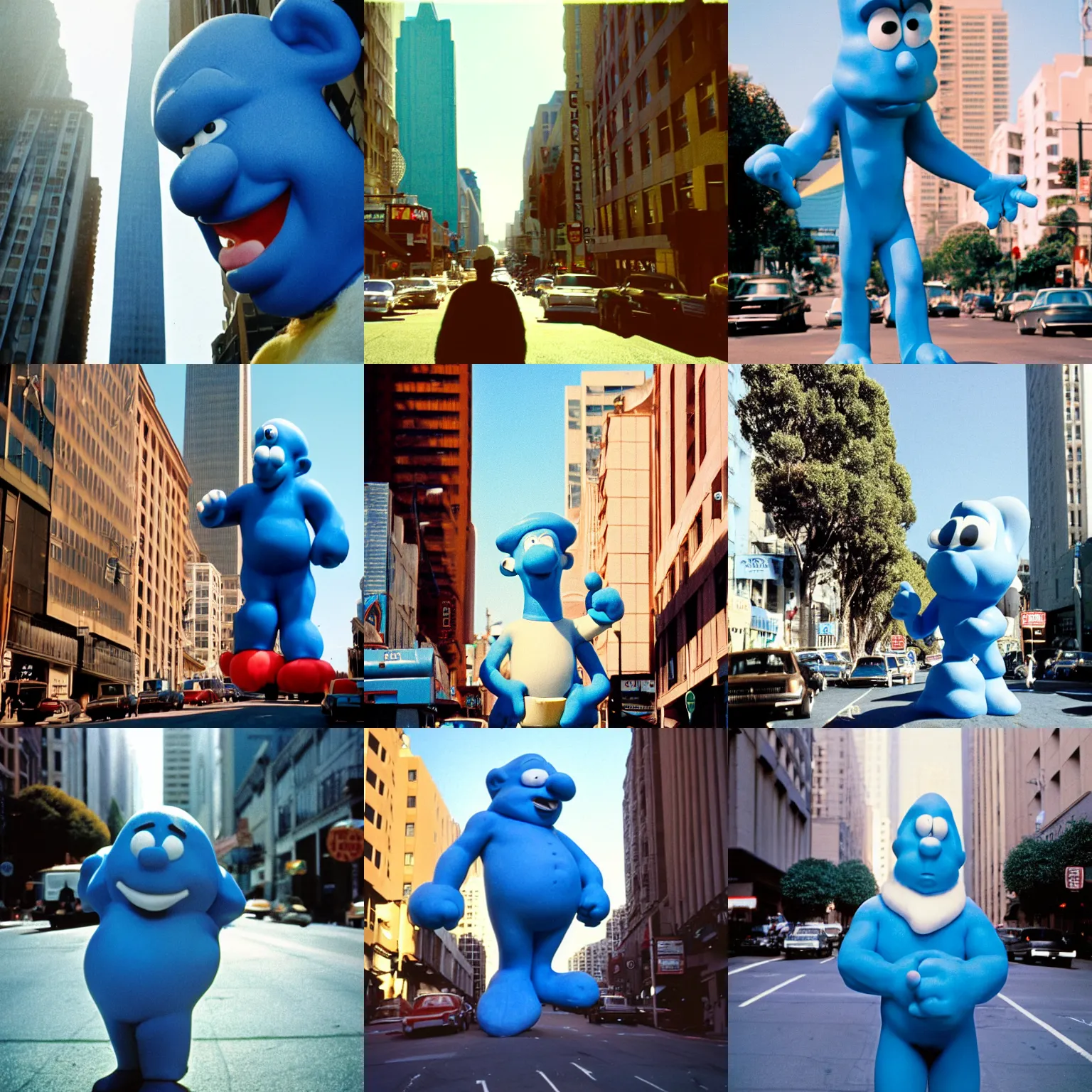 Prompt: giant smurf as big as a skyscraper walking through the streets of san francisco in the morning sun, 1 9 7 0, cinestill, moody, low light