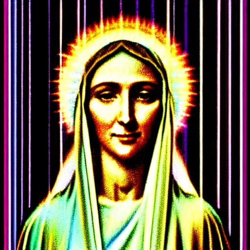 Image similar to vhs static overlay of virgin mary, vhs, 1 9 9 0, highly realistic, highly detailed