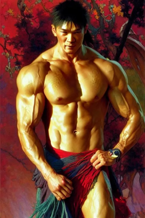 Image similar to attractive muscular man, wuxia, colorful, painting by gaston bussiere, craig mullins, greg rutkowski, alphonse mucha