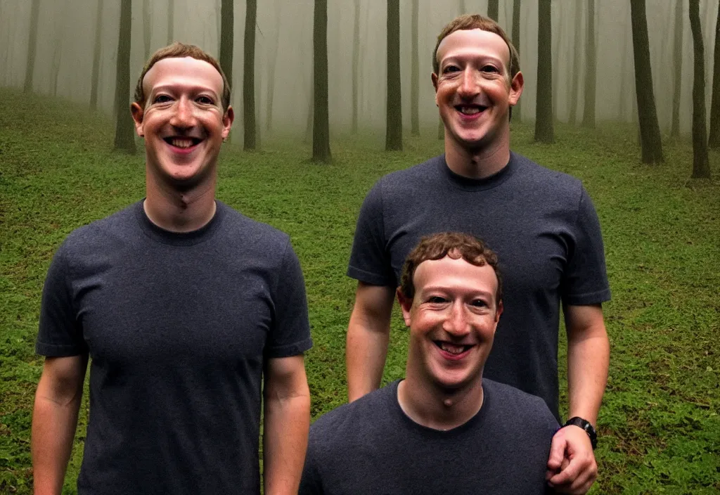 Image similar to low quality iphone photo of mark zuckerberg standing ominously deep in the foggy woods with a demonic smile in his face, low visibility creepy, grainy, trail cam footage