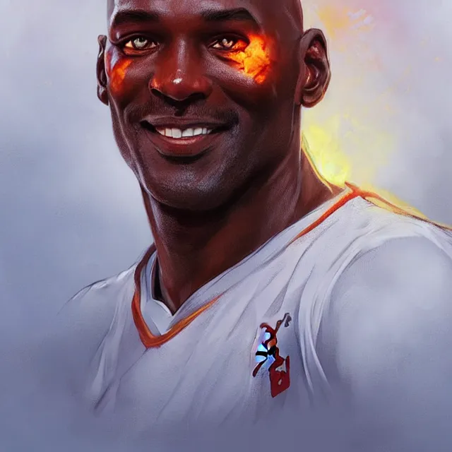 Image similar to michael jordan as a firebender, portrait, elegant, intricate, digital painting, artstation, concept art, smooth, sharp focus, illustration, art by konstantin korovin and daniel f. gerhartz and john howe