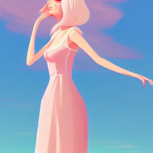 Image similar to happy adult female in sundress, summer dress, pastel light pink very long hair, muted colors, matte print, pastel colors, 2d, ultra highly detailed, digital art, digital painting, fan art, elegant, artstation, head is centered, by Ilya Kuvshinov