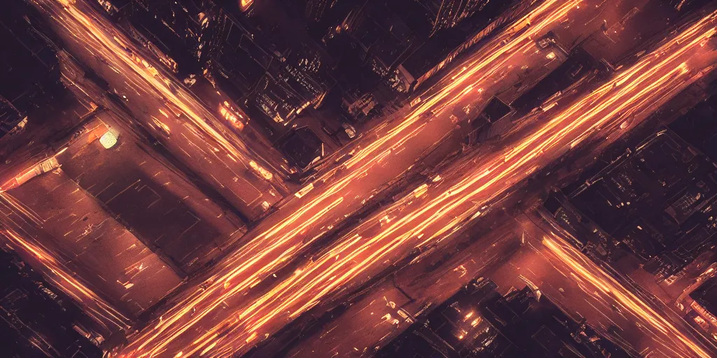 Image similar to a city street at night, raining, photograph, cars on the road, cyberpunk, sharp focus, intricate detail, drone shot