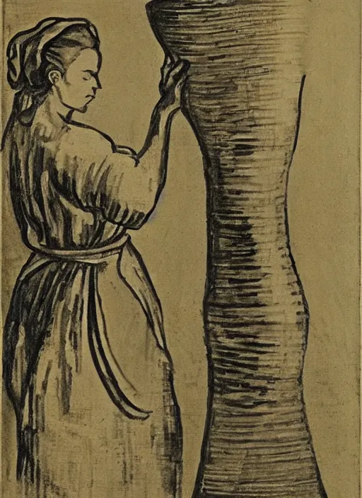 Prompt: abstract stylized charcoal drawing of a woman working on a tall vase at a pottery wheel, da vinci, van gogh