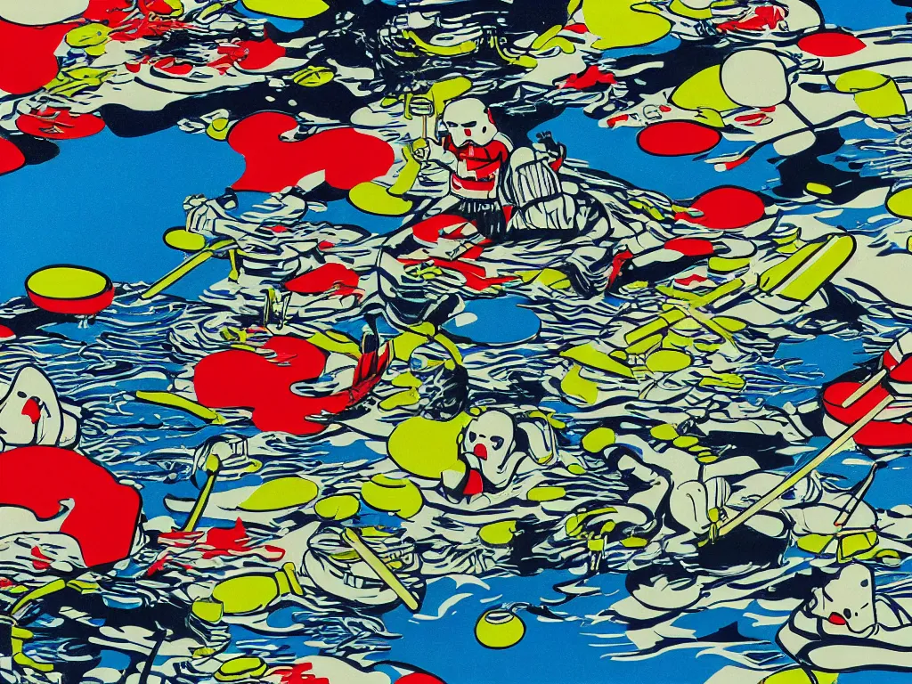 Prompt: hyperdetailed close - up image of a japanese house with a pond, stormtroopers sitting around it, in style of pop - art, andy warhol, roy lichtenstein, jackie tsai, bright palette, acrylic on canvas