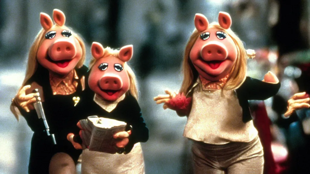 Image similar to movie still of miss piggy starring as trinity in the matrix 1 9 9 9 movie fighting agent smith