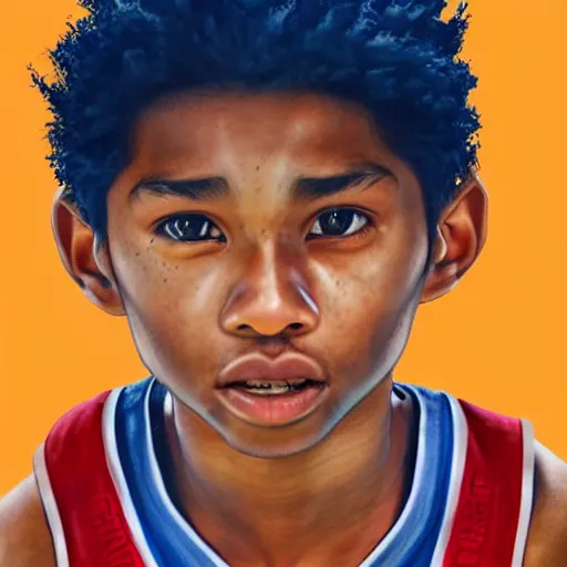 Image similar to Colored pencil portrait of a boy at a basketball court playing basketball wearing a basketball uniform in a basketball court, intense emotion, detailed facial expression, detailed surroundings, intricate, elegant, highly detailed, centered, trending of artstation, concept art, smooth, sharp focus, illustration