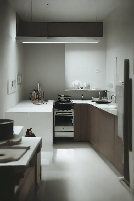 Prompt: Medium Format Portrait Photo of a modern kitchen with a toilet in the middle of the room. A dog is cooking breakfast. award winning, highly detailed, depth of field, Cinestill 800t, wide shot, photo print.