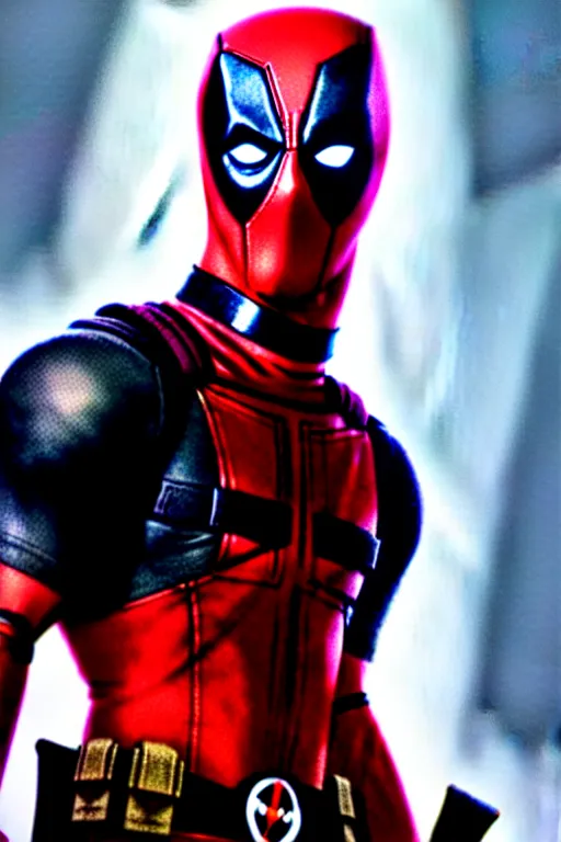 Image similar to cinematic shot of an epic portrait deadpool as a baby with hes suit, shiny skin, beautiful eyes, beautiful, small details, night setting, realistic poster with volumetric light from craig mallism, artgerm, jeremy lipkin and michael garmash, unreal engine, radiant light, detailed and complex environment, digital art, trends at art station, a masterpiece