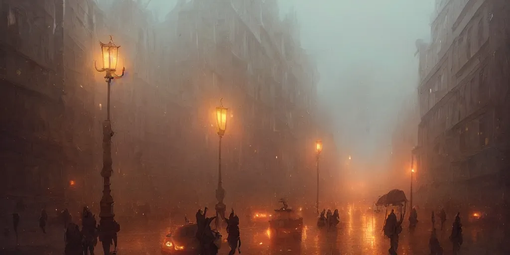 Image similar to a parade in a heavy swirling fog, soft lighting, night, stephen bliss, misty, unreal engine, fantasy art by greg rutkowski, loish, rhads, ferdinand knab, makoto shinkai and lois van baarle, ilya kuvshinov, rossdraws, tom bagshaw, illustration, detailed and intricate environment