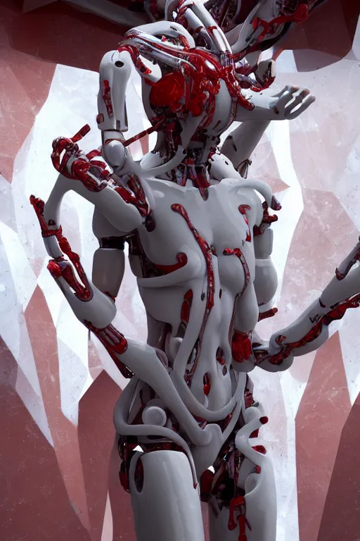 Prompt: forest white cross on background a statue jesus on cross made of red marble hands nailed to a cross perfect symmetrical body full shot inflateble shapes white biomechanical details, wearing epic bionic cyborg implants, masterpiece, intricate, biopunk, vogue, highly detailed, artstation, concept art, cyberpunk, octane render