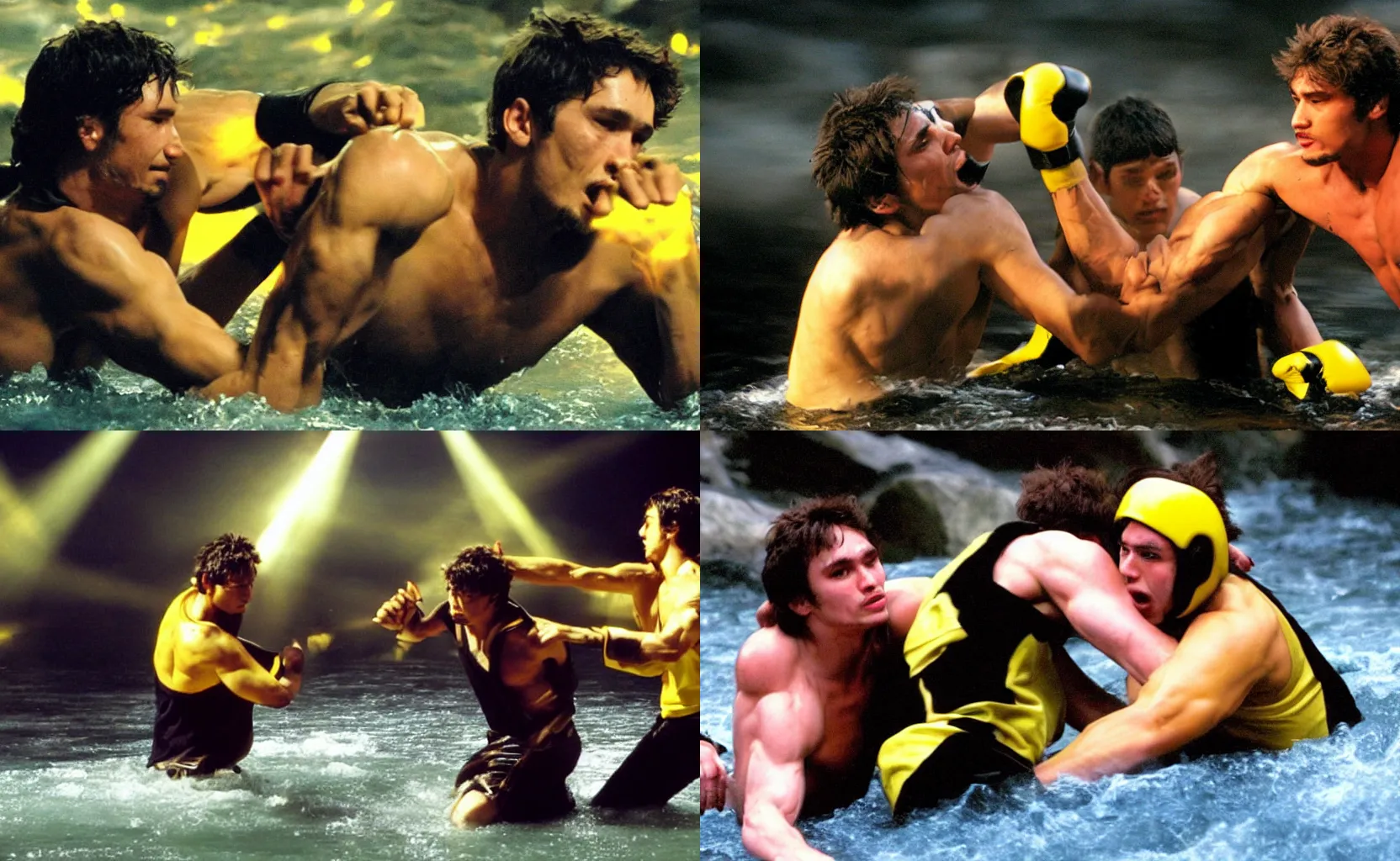 Prompt: 2004 James Franco fighting a guy with hands on a river with a strong bright yellow light shining behind them, Movie Scene.