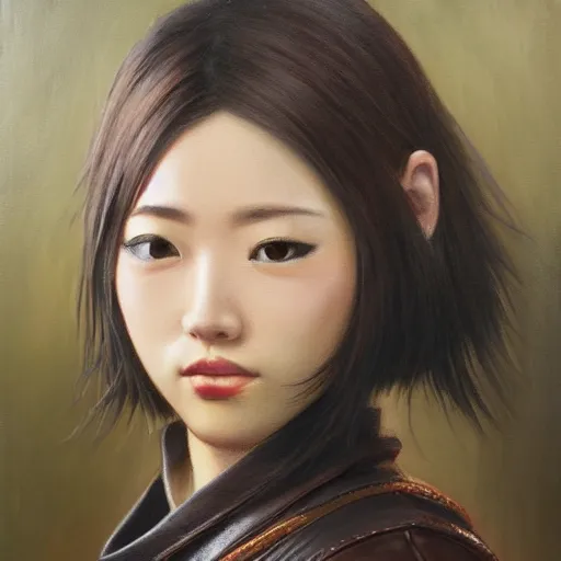 Prompt: perfect, realistic oil painting of close-up japanese young woman wearing leather jacket, in Guild Wars