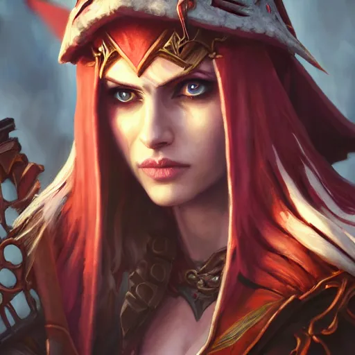 Image similar to Portrait Lady Sylvanas Windrunner, World of Warcraft, alexandra daddario, fanart, 4k oil on linen by wlop, artgerm, andrei riabovitchev, nuri iyem, james gurney, james jean, greg rutkowski, highly detailed, soft lighting 8k resolution