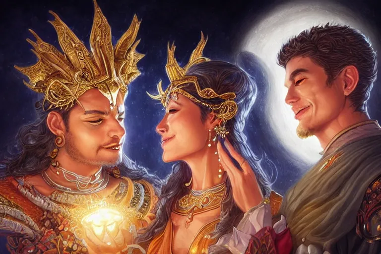 Image similar to close up moment of a divine a sun god and a moon goddess lovers magician at a wedding banquet, highly detailed, d & d, fantasy, highly detailed, digital painting, trending on artstation, concept art, sharp focus, illustration, art by artgerm and greg rutkowski and magali villeneuve