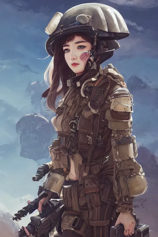 Prompt: dieselpunk blackpink jisoo as soldier girl, helmet, portrait, desert, armored, highly detailed, face detail, sharp focus, art, illustrations by rossdraws and ayanamikodon and wlop and irakli nadar and loish