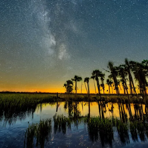 Image similar to small florida swamp fishing village on the side of the water, night time, dimly lit by lanterns