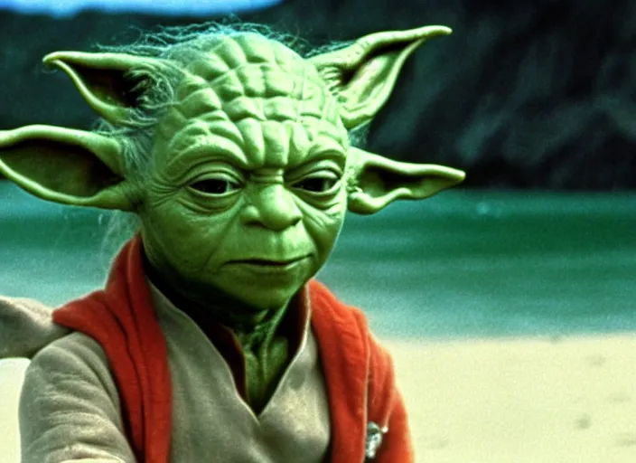 Image similar to a film still of yoda in baywatch 1 9 8 9