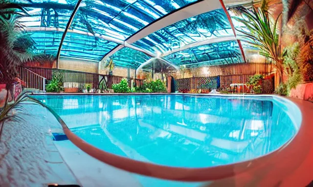 Image similar to indoor pool with ferns and palm trees, pool tubes, chromatic abberation, dramatic lighting, depth of field, Wideangle 80s fisheye photo