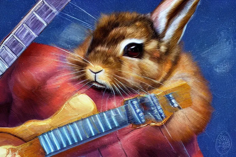 Prompt: A hyperdetailed digital oil painting of A rabbit is playing the guitar,cartoon, Trending on ArtStation and DeviantArt