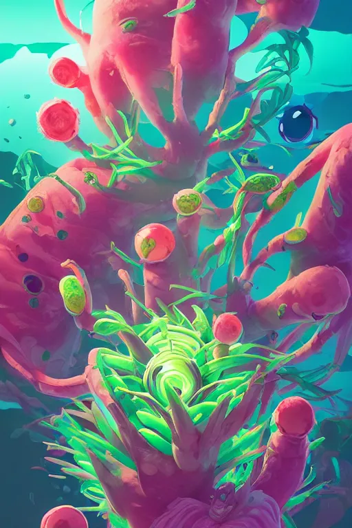 Image similar to roots cactus sushi cristal smurf ghost creature animal sushi cristal very big eye roots cactus elemental flush of force nature micro world fluo fishscale, behance hd by jesper ejsing, by rhads, makoto shinkai and lois van baarle, ilya kuvshinov, rossdraws radiating a glowing aura global illumination ray tracing hdr