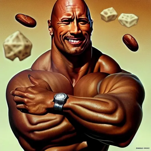 Prompt: portrait of Dwayne Johnson eating hamburgers, extra onions and ketchup, luscious patty with sesame seeds, feminine ethereal, handsome, D&D, fantasy, intricate, elegant, highly detailed, digital painting, artstation, concept art, matte, sharp focus, illustration, art by Artgerm and Greg Rutkowski and Alphonse Mucha