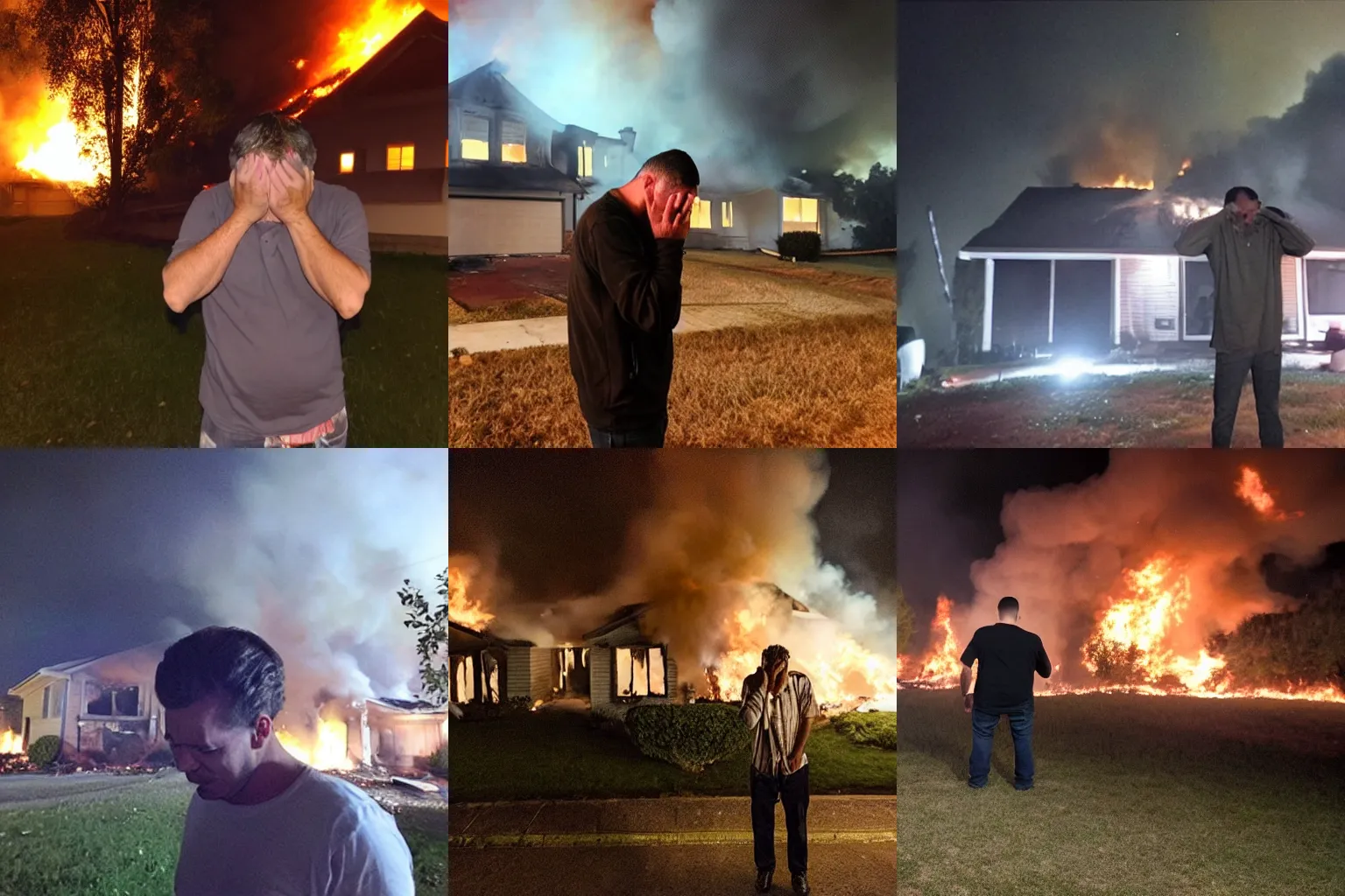 Prompt: Photo, A man crying because his house has burning, Huge fire, night