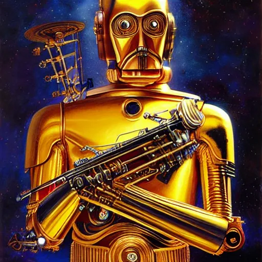 Image similar to medium shot stunning portrait of C3PO playing the golden lyre, painting by Raymond Swanland and Donato Giancola, Robot, sci-fi, cybernetic, hq