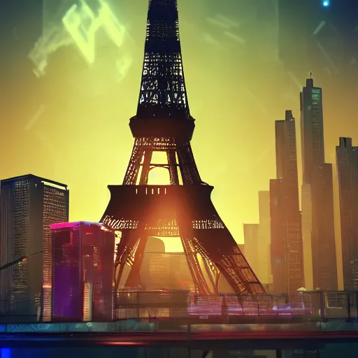 Prompt: if the eiffel tower was located at a futuristic city in the year 2099 cyberpunk synthwave digital art 3D render cinematic dramatic lights neon lights volumetric lighting 4k hyper detailec realistic