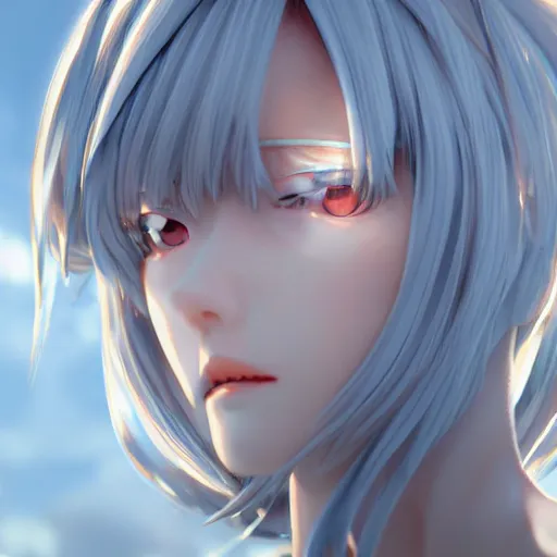 Image similar to Rei Ayanami female anime character, technological big shiny silver liquid chrome rings, inside an otherworldly planet, closed eyes, long silky thick gorgeous clean hair flowing on the wind, shot from the ground by Yoshiyuki Sadamoto, otherworldly experimental environment concept, digital art, trending on artstation, low level, 4K UHD image, octane render, Howl's Moving Castle, tranquil divine observer Nymph by ismail inceoglu nicola samori dragan bibin hans thoma greg rutkowski Alexandros Pyromallis Nekro, Jeffrey Smith, Surrealism, Rene Margitte illustrated, official anime key media, 8k, Sharp, zdzisław beksiński, highly detailed