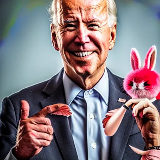 Prompt: A portrait of Joe Biden as bunny girl, dreamy and ethereal, with Sushi and Sashimi on left hand, red eyes, symmetrical facial features, 8k