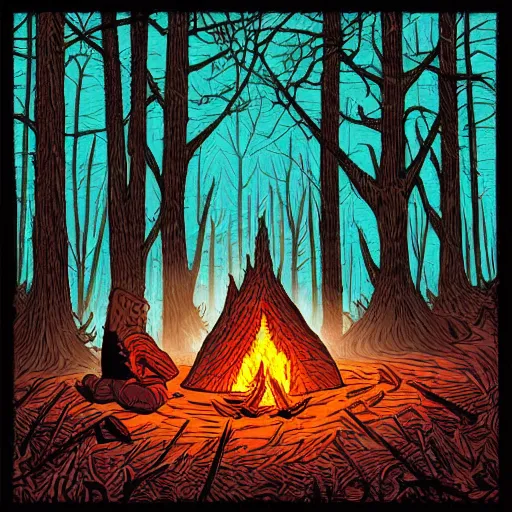 Prompt: A campfire in the forest by Dan Mumford