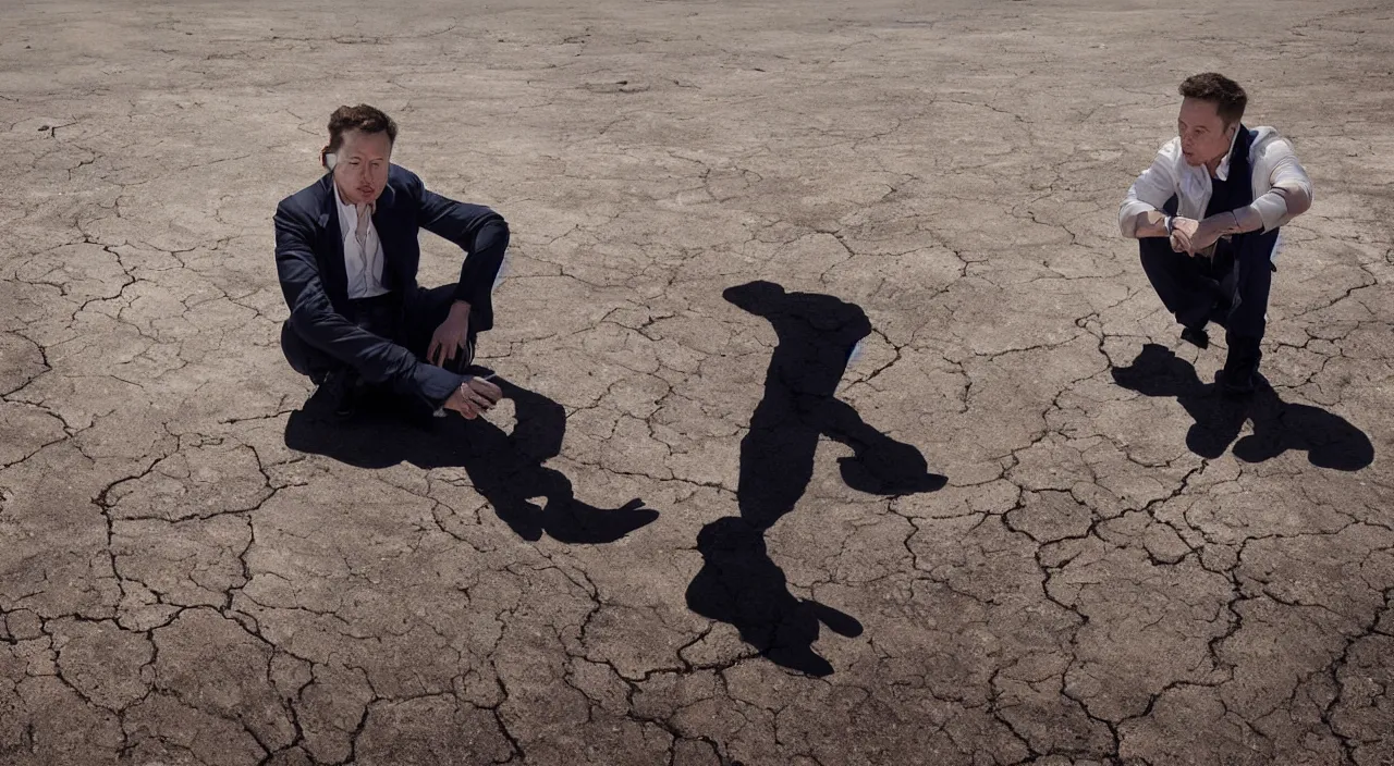 Prompt: elon musk, crying one single tear, facing the camera and sitting on a dried up river in a desolate land, blue sky, hot and sunny, highly-detailed, elegant, dramatic lighting, artstation, 4k, cinematic landscape, photograph by Elisabeth Gadd