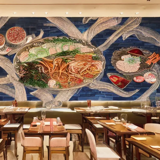 Image similar to a beautiful hyperdetailed interior 4 k hd wallpaper illustration of roasted string hotpot restaurant restaurant yan'an, wall painting, from china, with merchant logo, fine delicate structure, chinese style, victo ngai