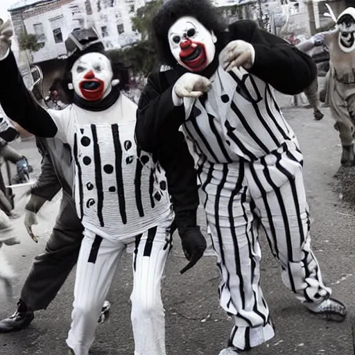 Prompt: associated press photo, clowns and mimes go to war against each other