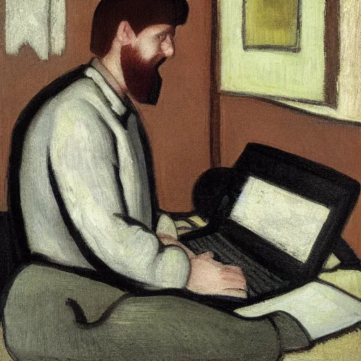 Image similar to angry scottish man at computer, detailed, ray tracing, 4 k, by paula modersohn - becker