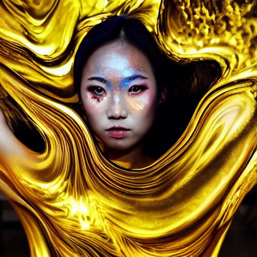 Image similar to asian girl, liquid golden and black fluid, magic hour, dramatic light, liquid voronoi pattern, golden bodypaint, world best photography