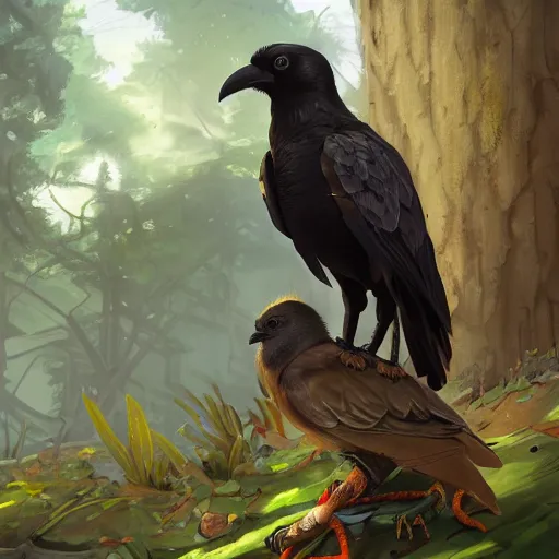 Image similar to concept art painting of a person with a head of a crow, with steampunk clothes, in the deep forest, realistic, detailed, cel shaded, in the style of makoto shinkai and greg rutkowski and james gurney