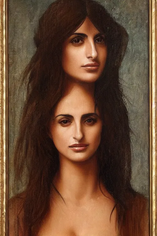 Image similar to oil painting, portrait of penelope cruz, artwork by leonardo da vinci