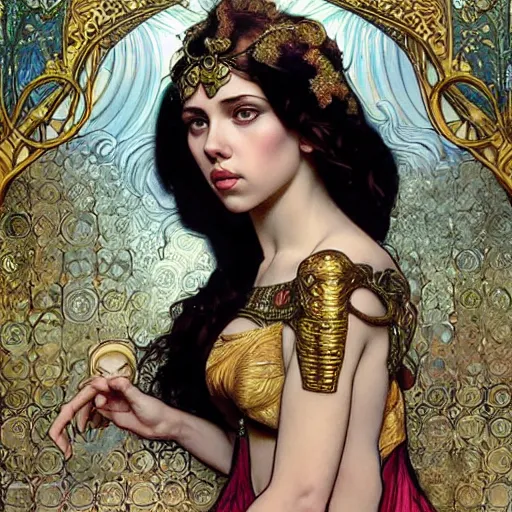 Prompt: realistic detailed painting of 16-year old Scarlett Johansson dressed in ornate Egyptian costume by Alphonse Mucha, Ayami Kojima, Amano, Charlie Bowater, Karol Bak, Greg Hildebrandt, Jean Delville, and Mark Brooks, Art Nouveau, Neo-Gothic, gothic, rich deep colors