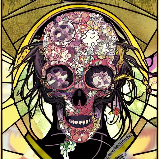 Image similar to anime manga skull portrait boys male cyborg face skeleton illustration style by Alphonse Mucha and Takashi Murakami pop art nouveau