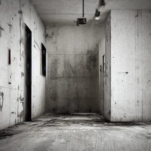 Image similar to gritty, cinematic, liminal space, 3d render, photorealism